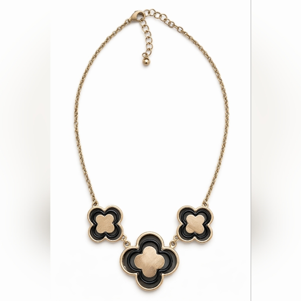 Mid Century Modern Vintage RETRO Black And Gold Tone Clover Necklace